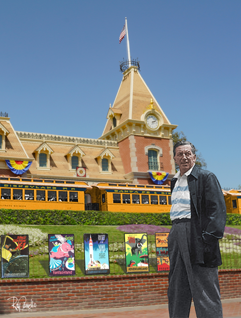 Walt Disney in front entrance of Disneyland colorized and photoshop