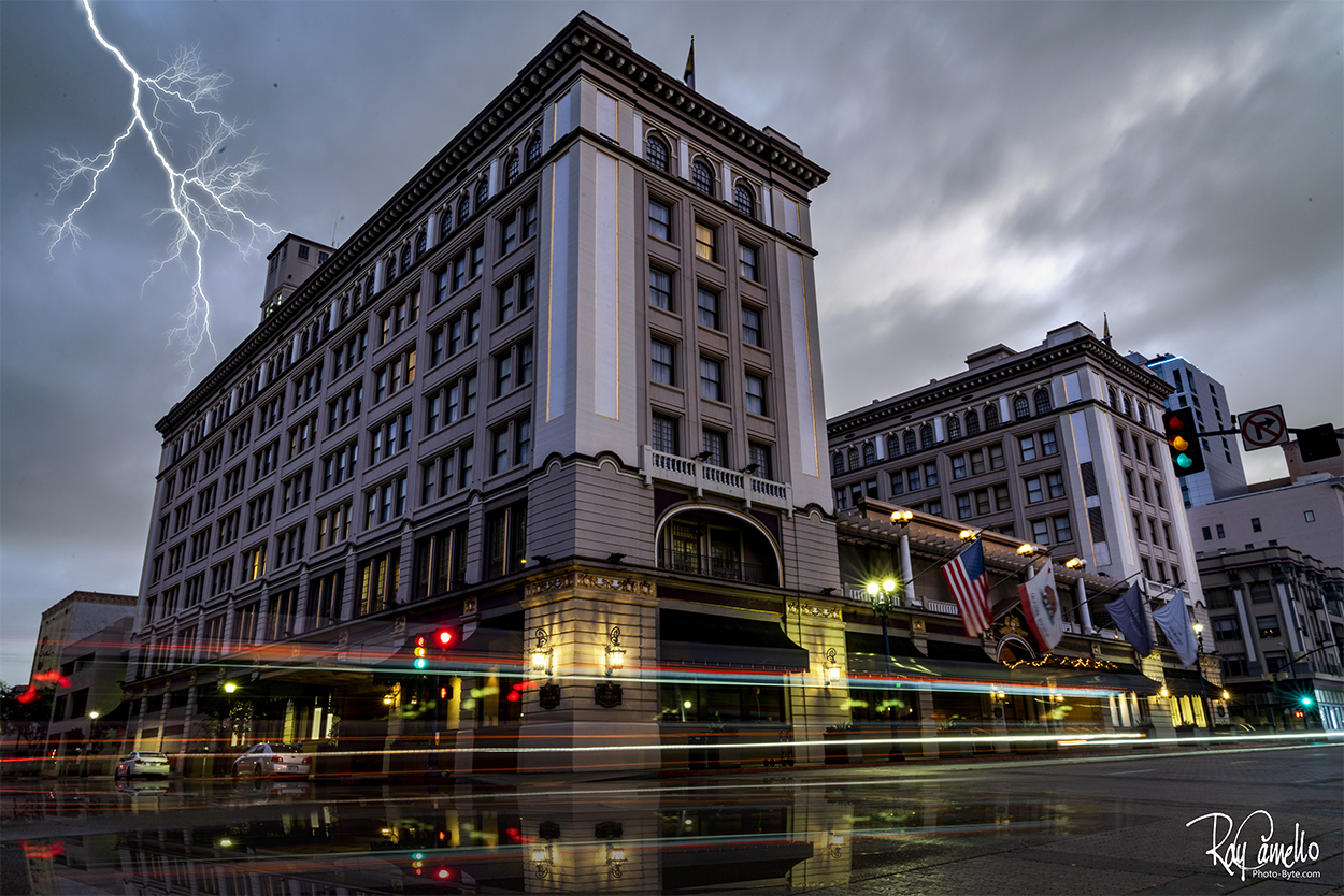 Grant Hotel in Downtown San Diego. Dry day to wet after editing.